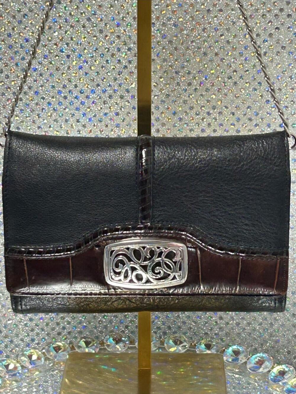 Brighton Black and Brown Leather Shoulder Bag with Silver-Tone Clasp